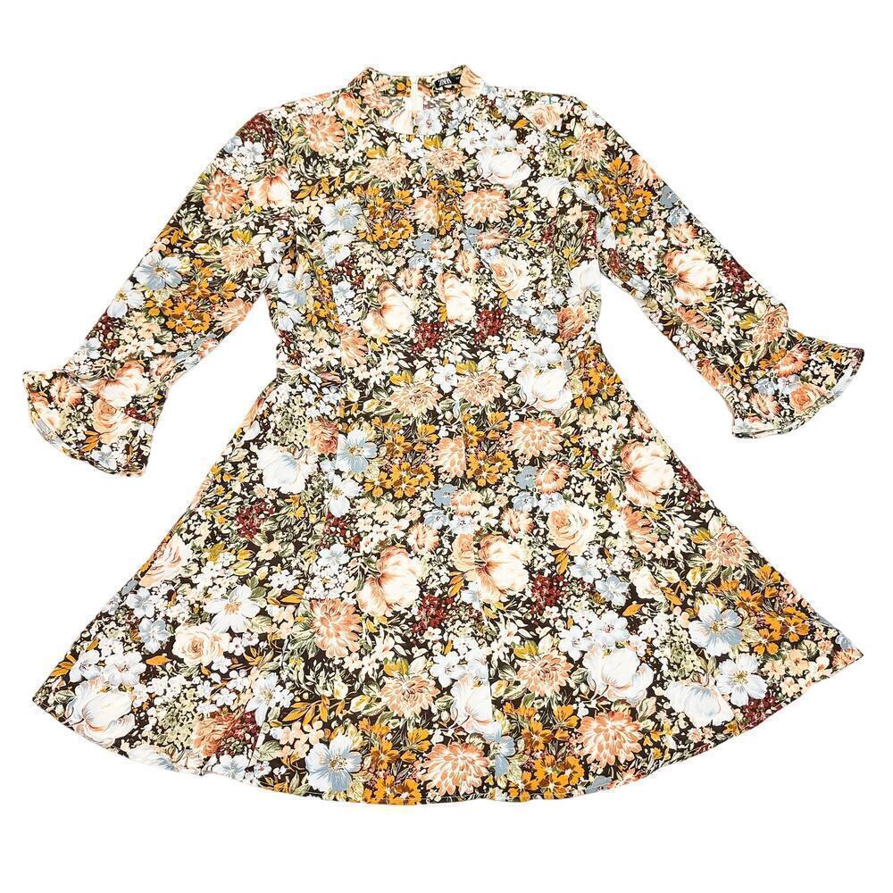 Zara Flower Printed Patterned Flare Dress Ruffle Sleeve Size M Mint